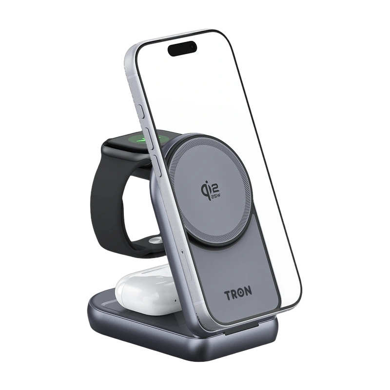 TRON Qi2 25W 3-in-1 Foldable Charging Station — Cable Included