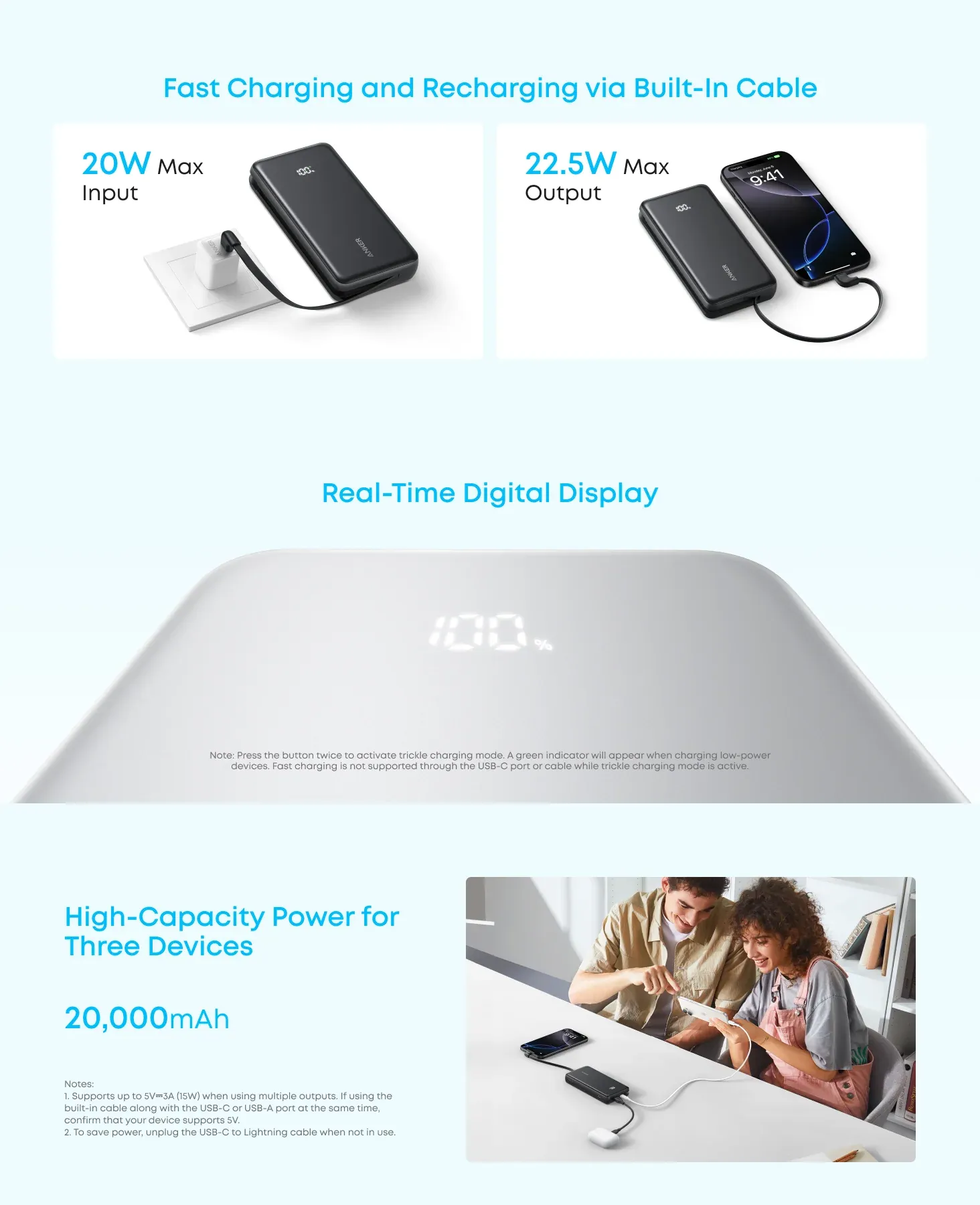 Anker Zolo Power Bank 22.5W Fast Charging Power Bank with Built-In USB-C Cable