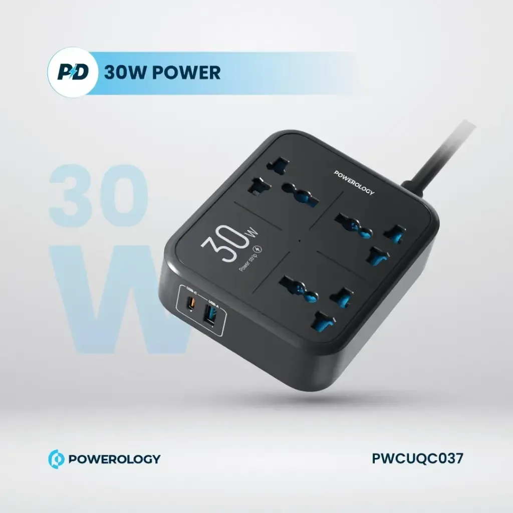 Powerology 3250W 3-Outlet Power Strip with 30W PD Fast Charging