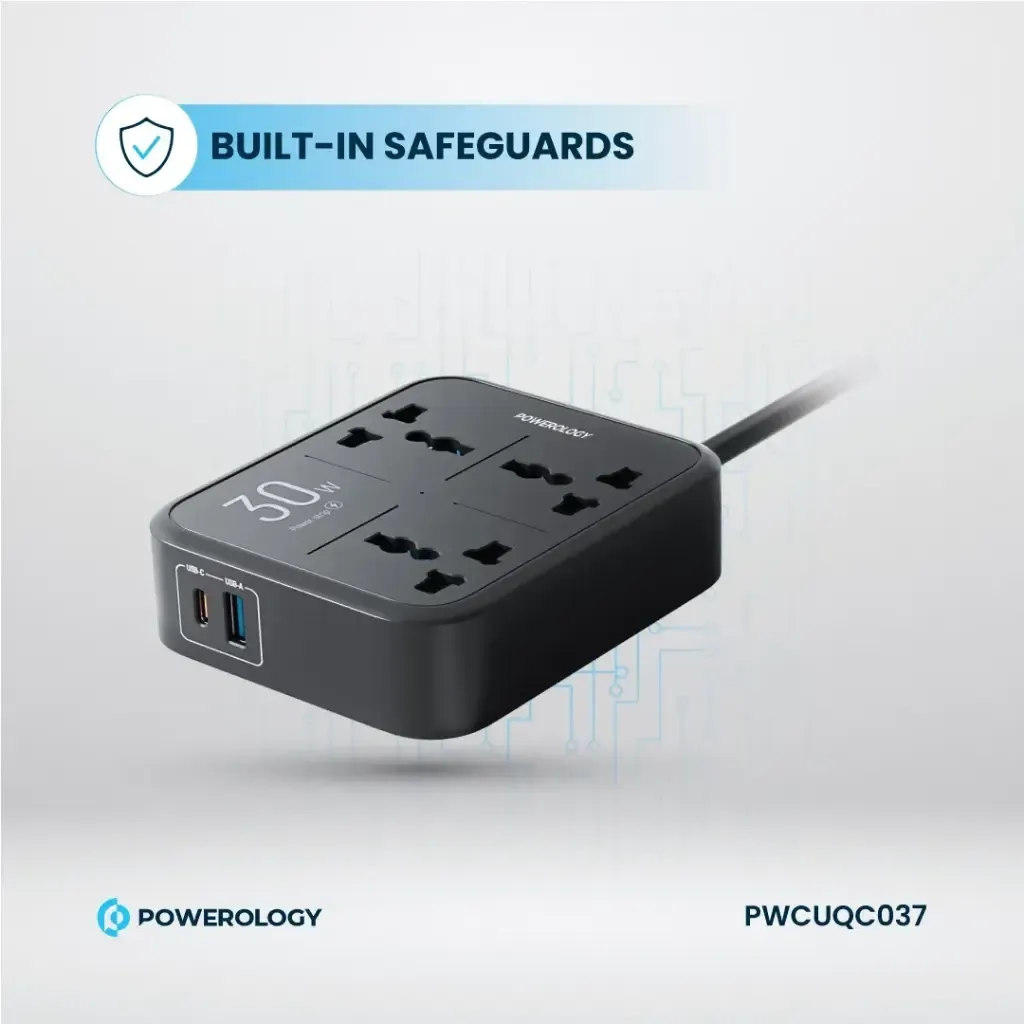 Powerology 3250W 3-Outlet Power Strip with 30W PD Fast Charging