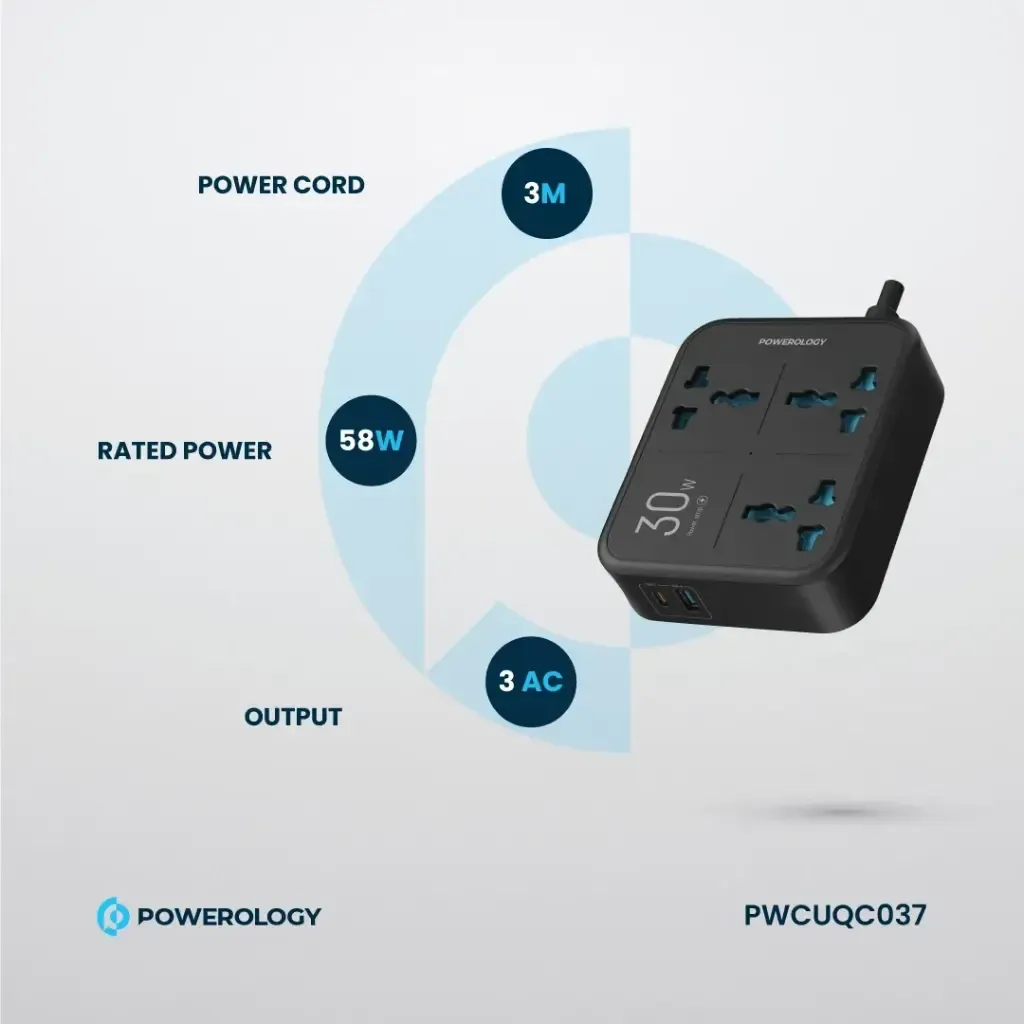 Powerology 3250W 3-Outlet Power Strip with 30W PD Fast Charging