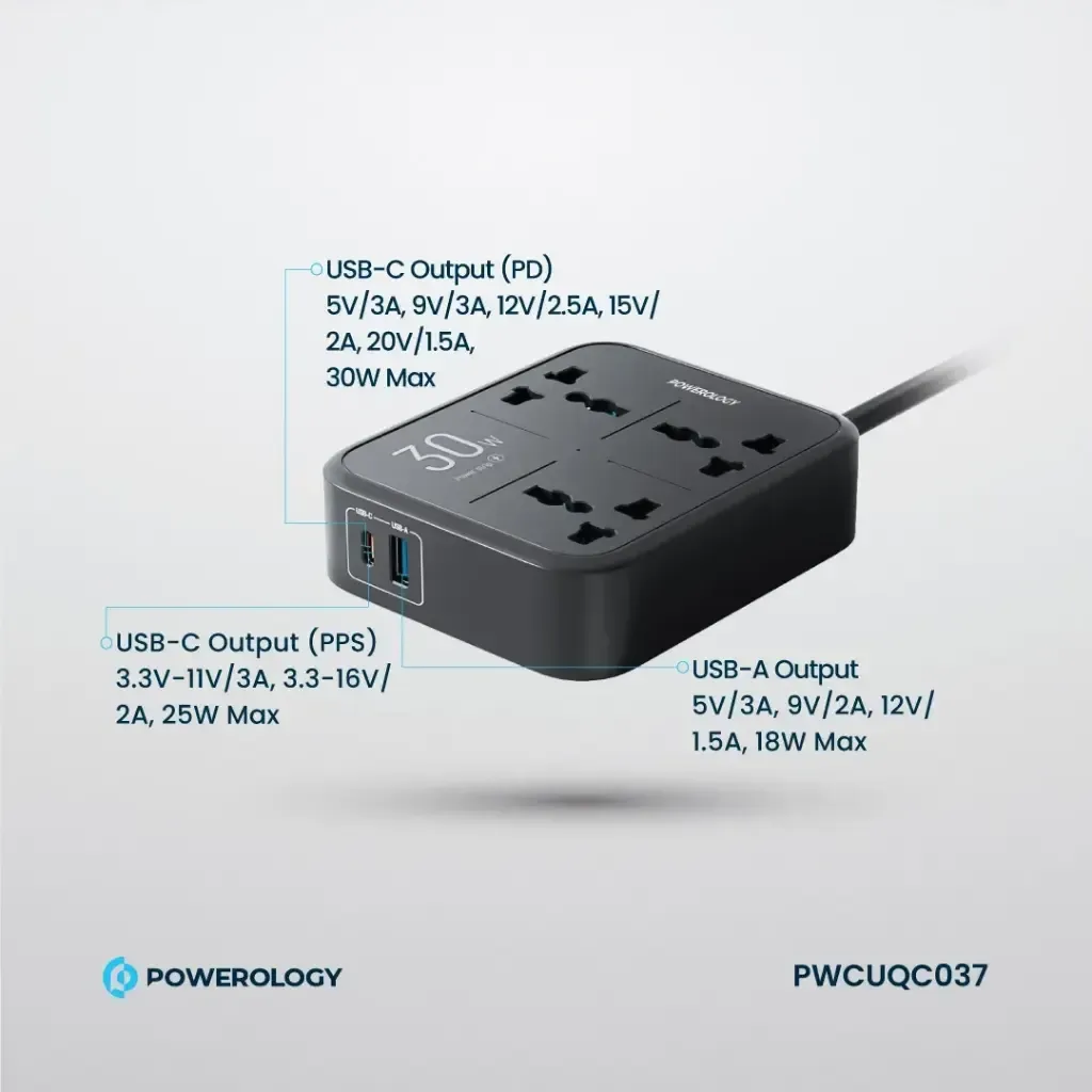 Powerology 3250W 3-Outlet Power Strip with 30W PD Fast Charging