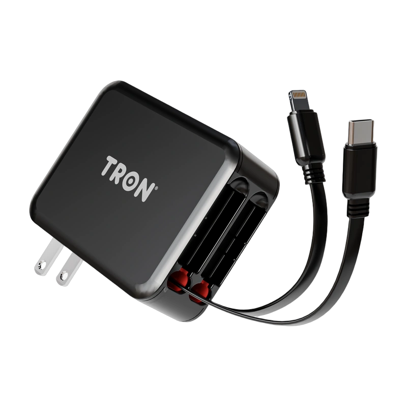 TRON 3-in-1 Wall Charger — Built-in USB-C & Lightning (35W Retractable)