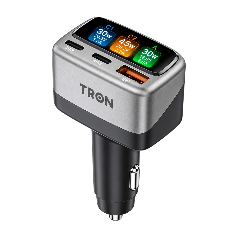 TRON 105W 3-Port Car Charger — Digital Display