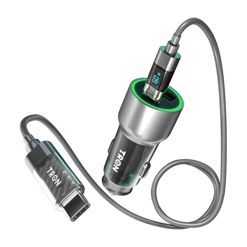 TRON 48W Car Charger + USB-C to USB-C Cable, 5 ft — Transparent