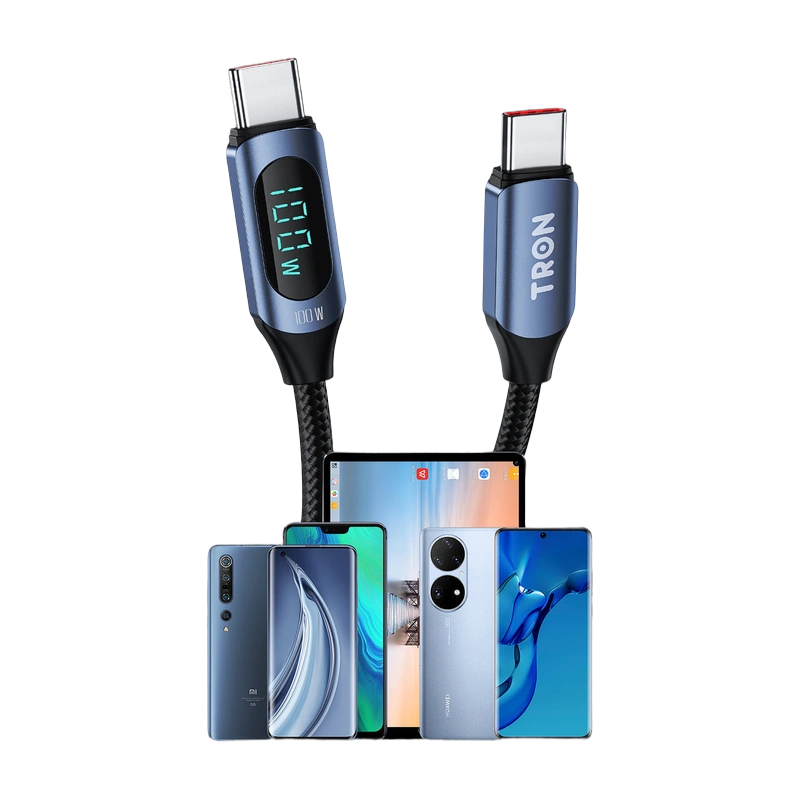 TRON 100W USB-C to USB-C Cable, 5 ft — Digital Display (Braided)